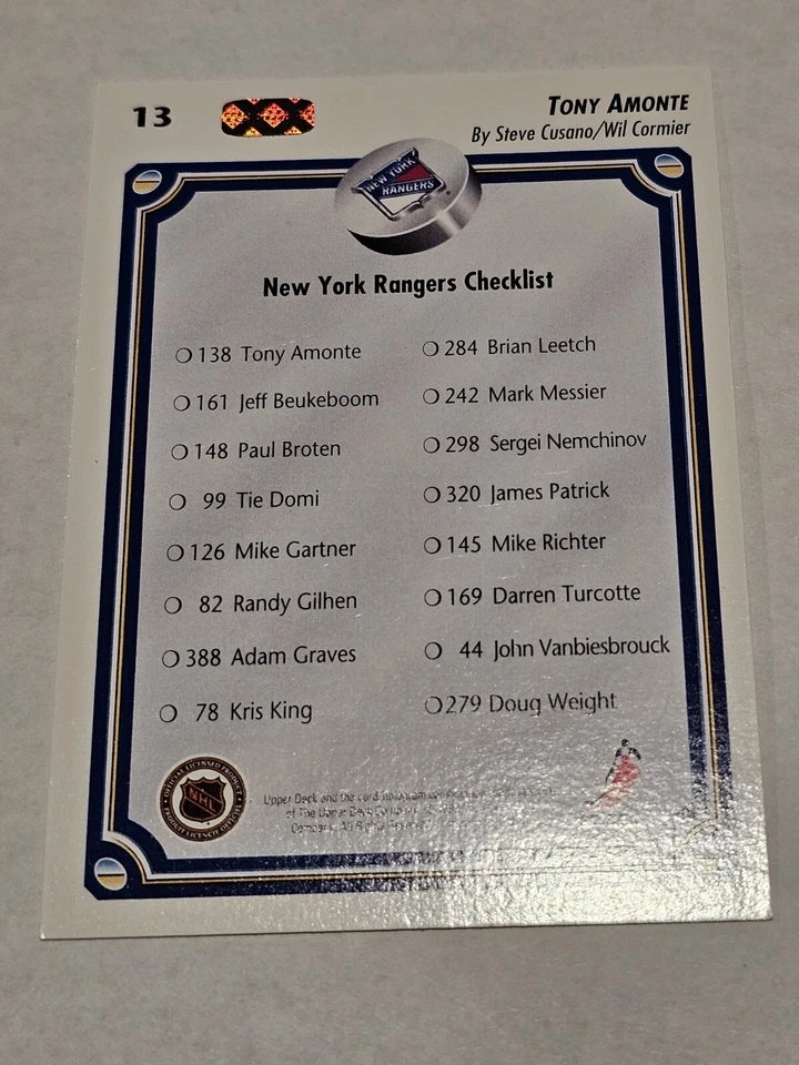 1992-93 Upper Deck #13 Tony Amonte New York Rangers Hockey Card - Image 2 of 2