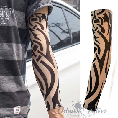 DELUSION TATTOOS Temporary Tattoo Sleeve Fake Nylon Arm Stocking Tribal Black Mens Womens Kids