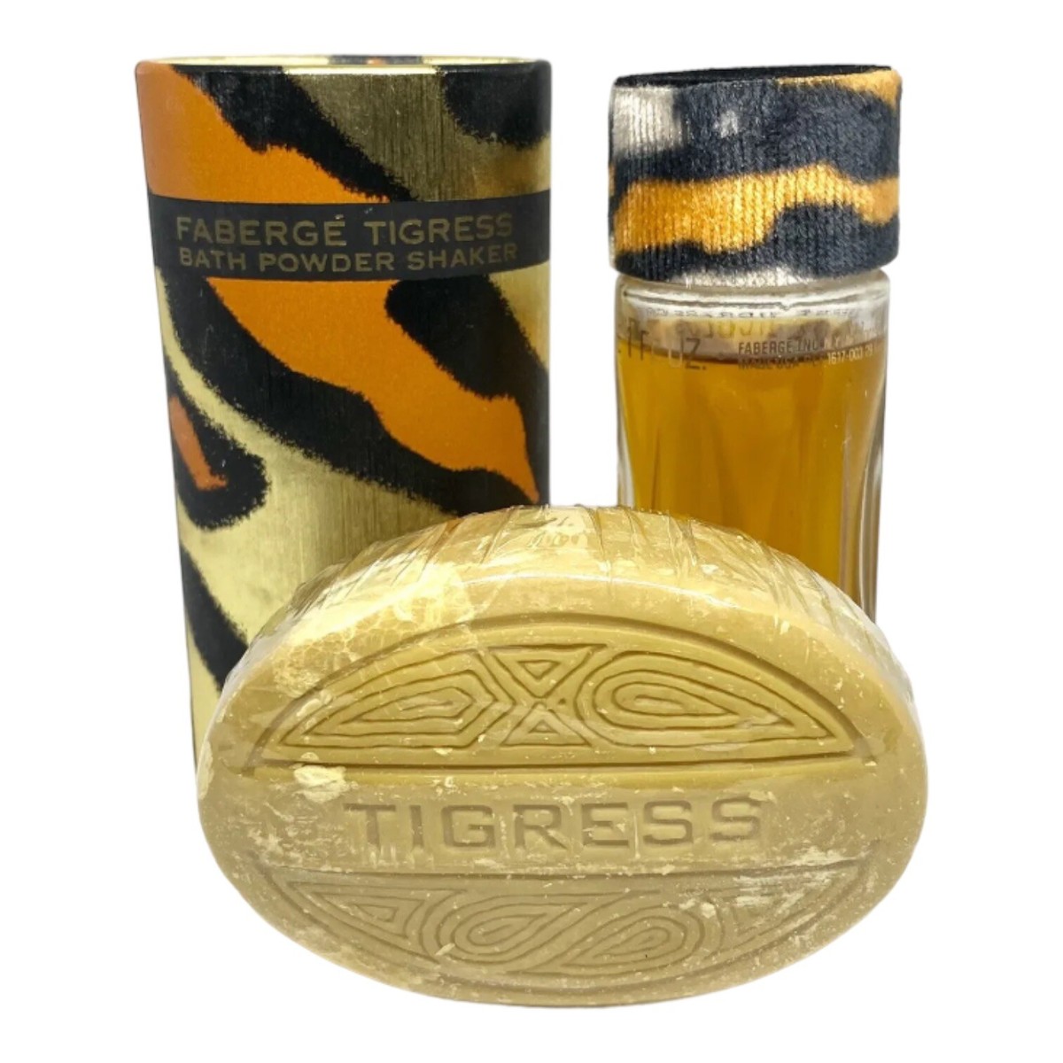 Vtg Faberge Tigress Boudoir pc Box Set Cologne 1oz Soap Bar