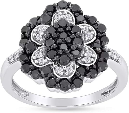 1ct Black & White Real Diamond Flower Design Ring in 925 Sterling Silver