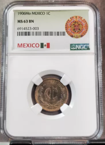 1906 MEXICO 1 CENTAVO 1C NGC MS 63 BN BEAUTIFUL MINT STATE