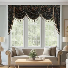 Floral Print Waterfall Velvet Valance for Living Room, Heavy Thick Room Darkenin