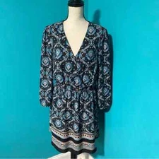 DR2 L Black Blue Print Surplice Long Sleeve Dress