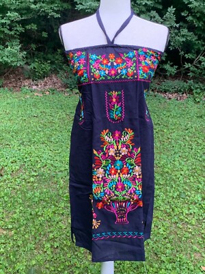 Maya Mexican Halter Dress Embroidered Flowers Dark Blue Rainbow S Small  1615 | eBay