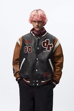 Zara Leather Bomber Jacket With Patches| Ref: 5388/302| Size M,l,xl