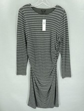 Ann Taylor Dress Womens Large Sheath Midi Gray Stripe Ruched Stretch L NWT