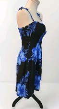 Blue Hawaiian Hibiscus Smocked Sundress Cover-up Sz S-M Rayon Beachy  Resort #71