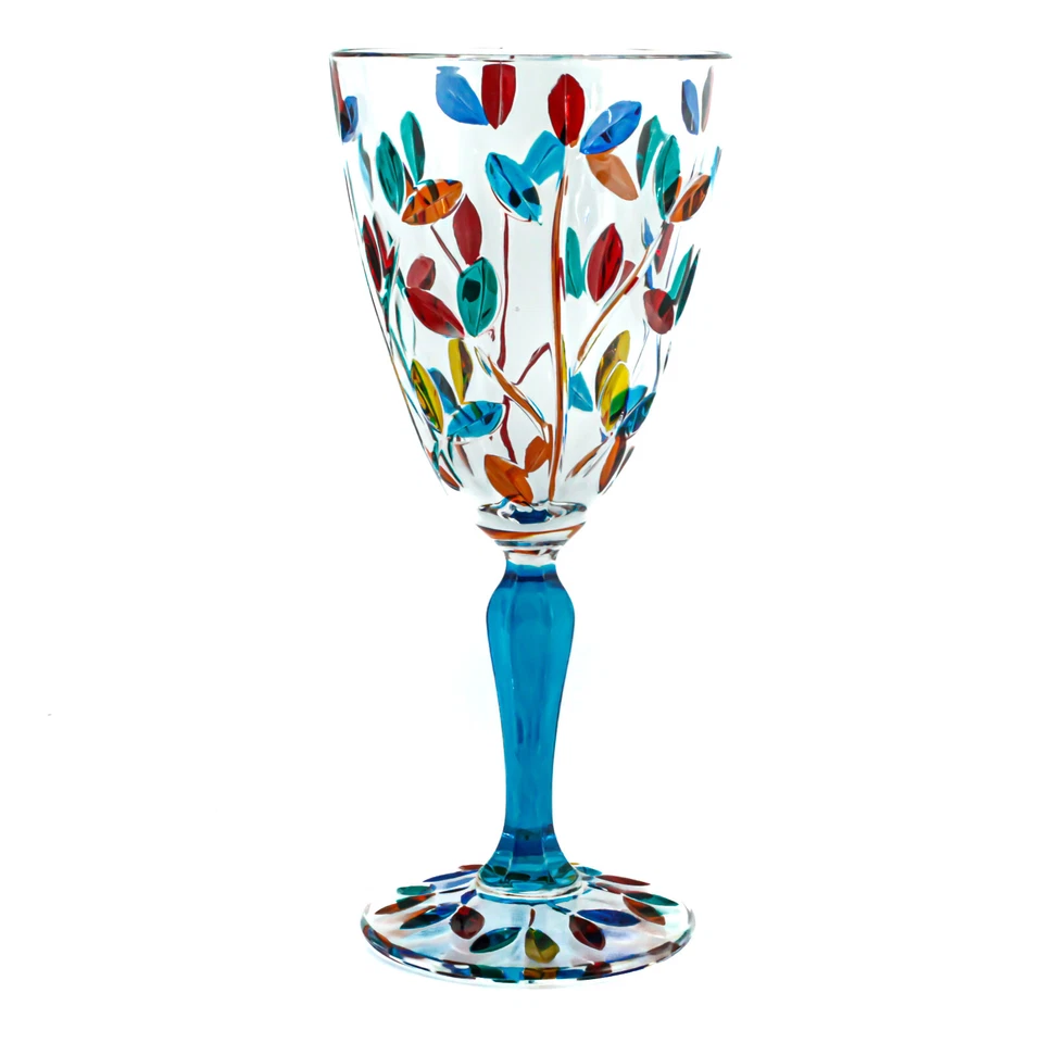 Pair of Murano Wine Glasses Multi Light Blue Stem Hand Painted Venice Made Italy - Image 2 of 4