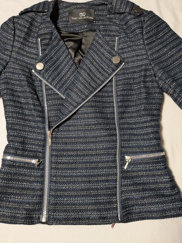 TART COLLECTIONS Women XS Blue Silver Combo Tweed Double Zip Blazer Moto Jacket - Picture 7 of 18