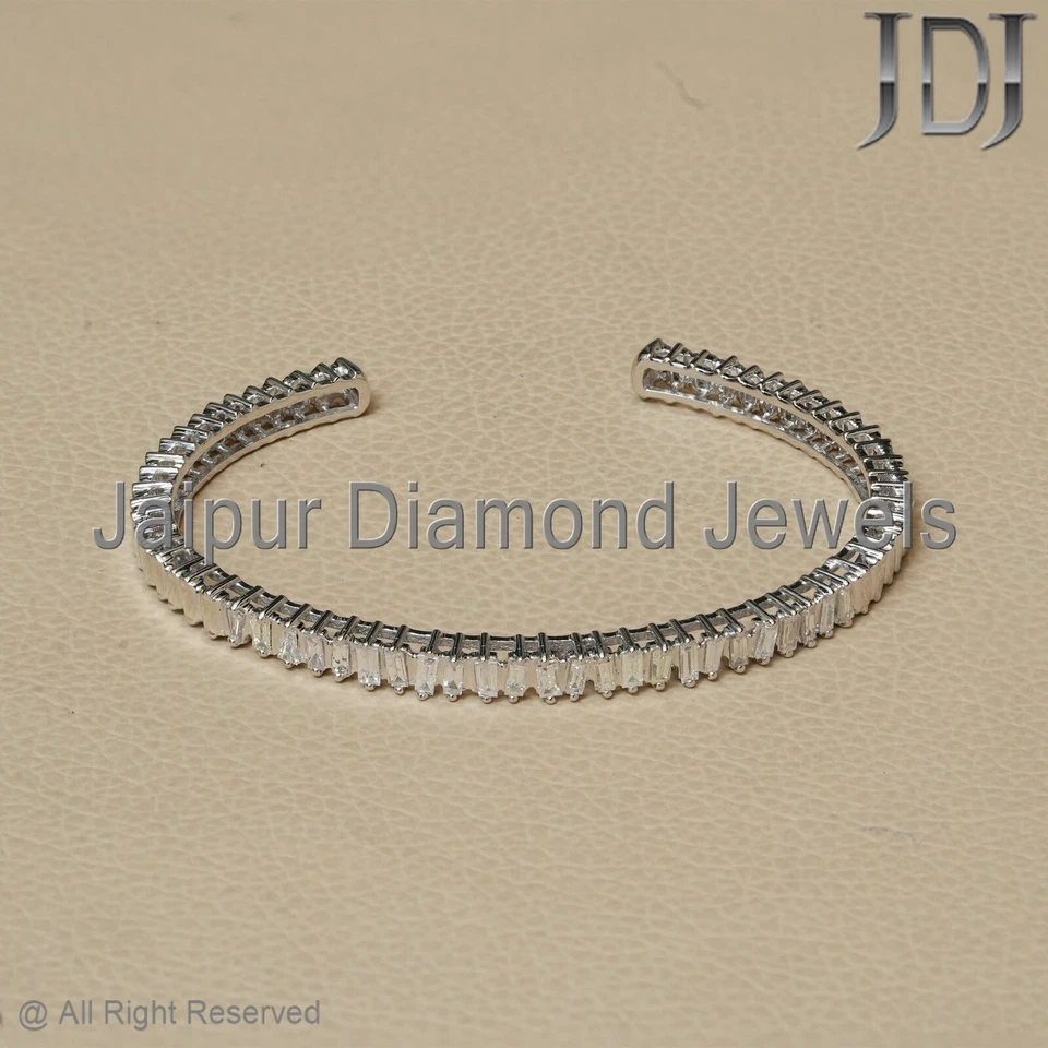 Brazalete brazalete genuino baguette diamante sólido oro blanco 14k joyería diseñador encanto Foto 4 de 4