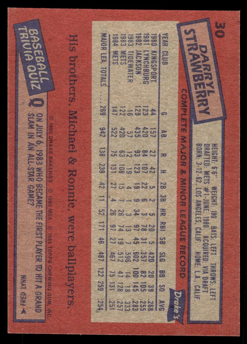 1985 Drake's Big Hitters Darryl Strawberry New York Mets #30