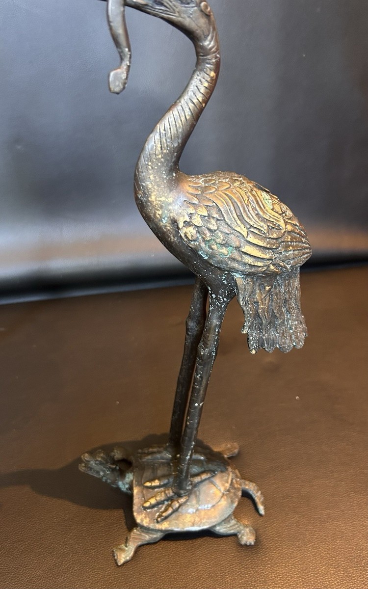 2) Antique/Vintage Brass? Crane Heron Standing On Turtle Candle