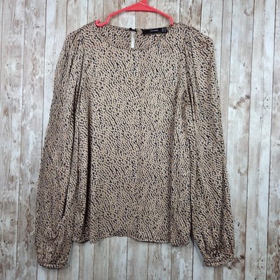 Hallhuber Womens Blouse XS EUR 34 Geometric Long Sleeve Round Neck Tan Black GUC