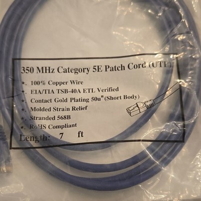 Cat5e RJ-45 Male to Male Ethernet Patch Cable 7 ft Blue Gold Plated UTP