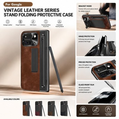 Für Google Pixel Fold Hülle Leder Vintage Scharnier Schutz mit Stylus