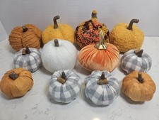 Decor Pumpkins Lot Of 12 Varied Sizes Colors Orange Knit Checkerd Fall Halloween