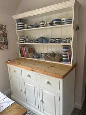 White Painted Wood Dresser with Pine Top & Hutch Shelves, 3 Doors 3 Drawers