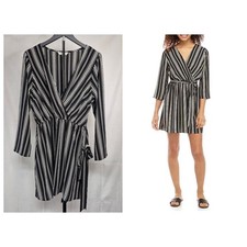 Speechless Black White Striped Wrap Mini Dress XL Long Sleeve V-Neck JA99313GUE