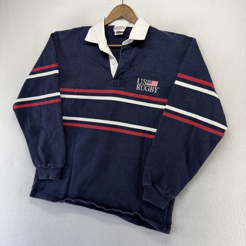 Vintage USA Rugby Shirt Men's XL Blue Embroidered United States Flag Halbro 90s