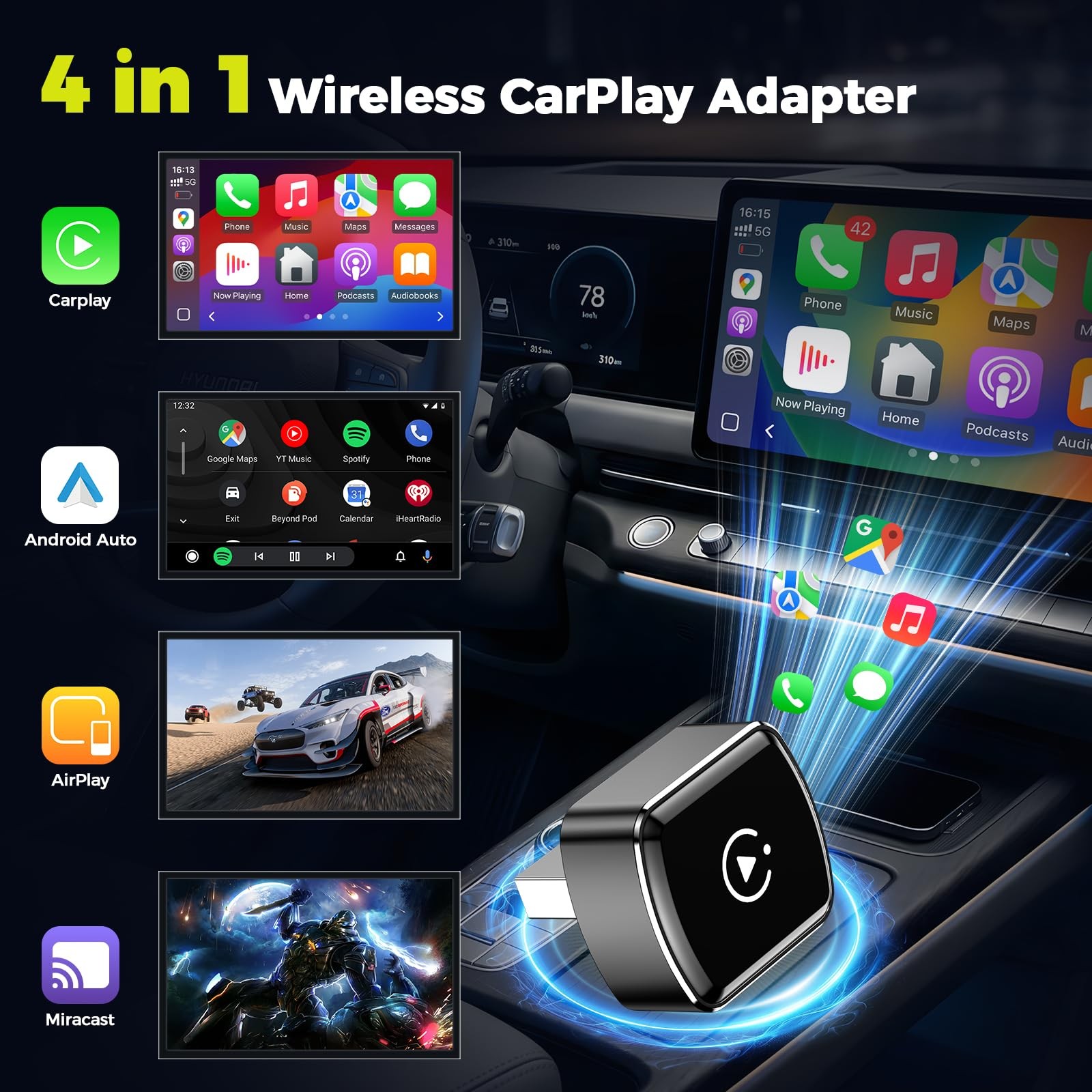 Lamtto Adattatore CarPlay Wireless per Iphones e Android Auto Airplay/miracast - Miniatura 2