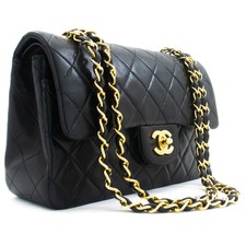 aj7 CHANEL Authentic Classic Double Flap 9" Chain Shoulder Bag Black Lambskin