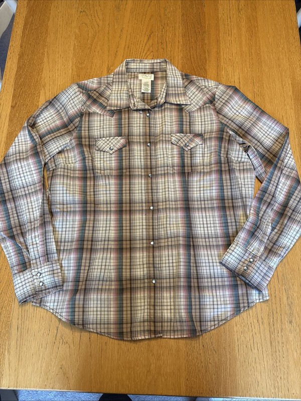 As Real As Wrangler Women’s Western Plaid, Pearl Snap, Brown, Pink, Teal NWOT