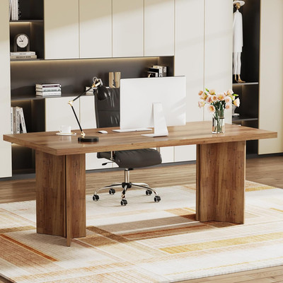 63-Inch Executive Desk, Vintage Home Office Computer Desk with Large Tabletop, F