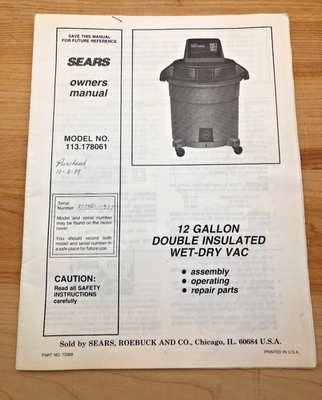 #ad Sears Craftsman Insulted Wet Vac Manual 113.178061 Assembly Operating Repair $7.99