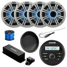 Kicker KMC2 Marine BT AM/FM Radio, 4x 6.5" LED Speaker, White Grille, Extras