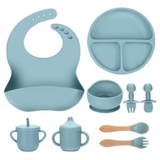 Silicone Baby Feeding Set 9 Pcs, Spill-Proof Suction Plate, Bowl, Bib, Silico...