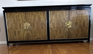 Mid-Century Black and Burl Rectangular Wood Sideboard with Antique Brass Handles