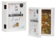 2 in 1 Bilderrahmen Spardose 19 x 14,6 x 5,5 cm Aufklappbar | Doppel Fotorahmen