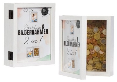 2 in 1 Bilderrahmen Spardose 19 x 14,6 x 5,5 cm Aufklappbar | Doppel Fotorahmen