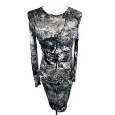 Carven Dress Black White Landscape Long Sleeve Bodycon Women's Size Medium