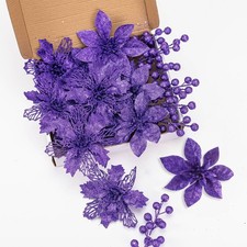 24Pcs Purple Glitter Poinsettia Christmas Tree Ornaments and Glitter Berries ...