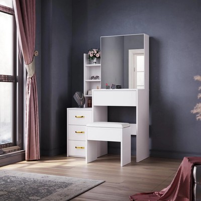 ELEGANTER Schminktisch mit Schiebespiegel und Hocker, Schminktisch Schminktisch mit 3
