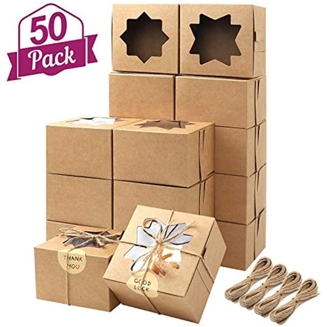 50pcs Brown Bakery Boxes With Window Cupcake 4x4x2.5 Inches Kraft Paper