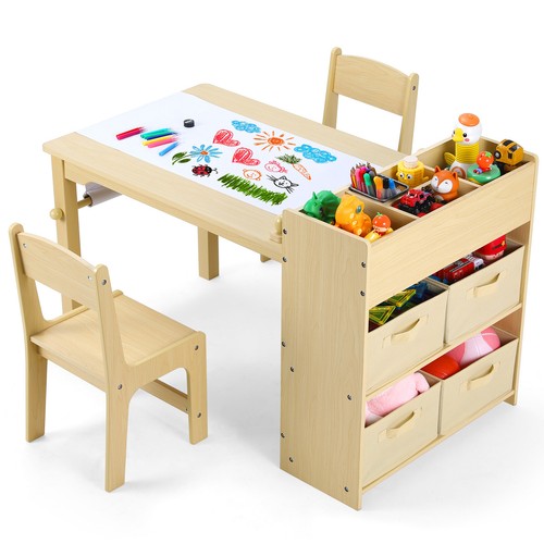 Grupo de asientos para niños Juego de muebles para niños 4 piezas Mesa para niños Mesa con estantería 2 sillas - Imagen 2 de 7