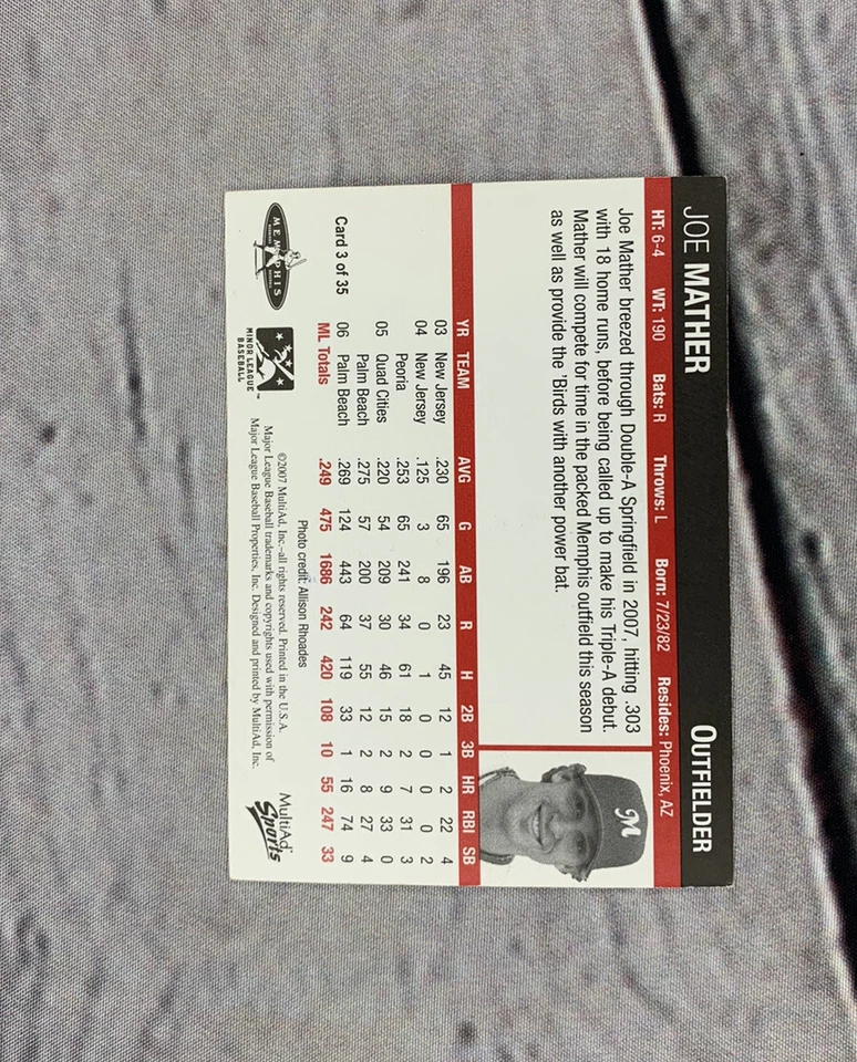 2007 MultiAd Sports Memphis Redbirds Joe Mather #3 Phoenix AZ - Image 2 of 2