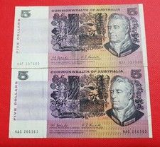 1967 AUSTRALIAN COOMBS/RANDALL PAIR  $5 NOTES F SERIAL NO. NAG 266363 NAF 357680