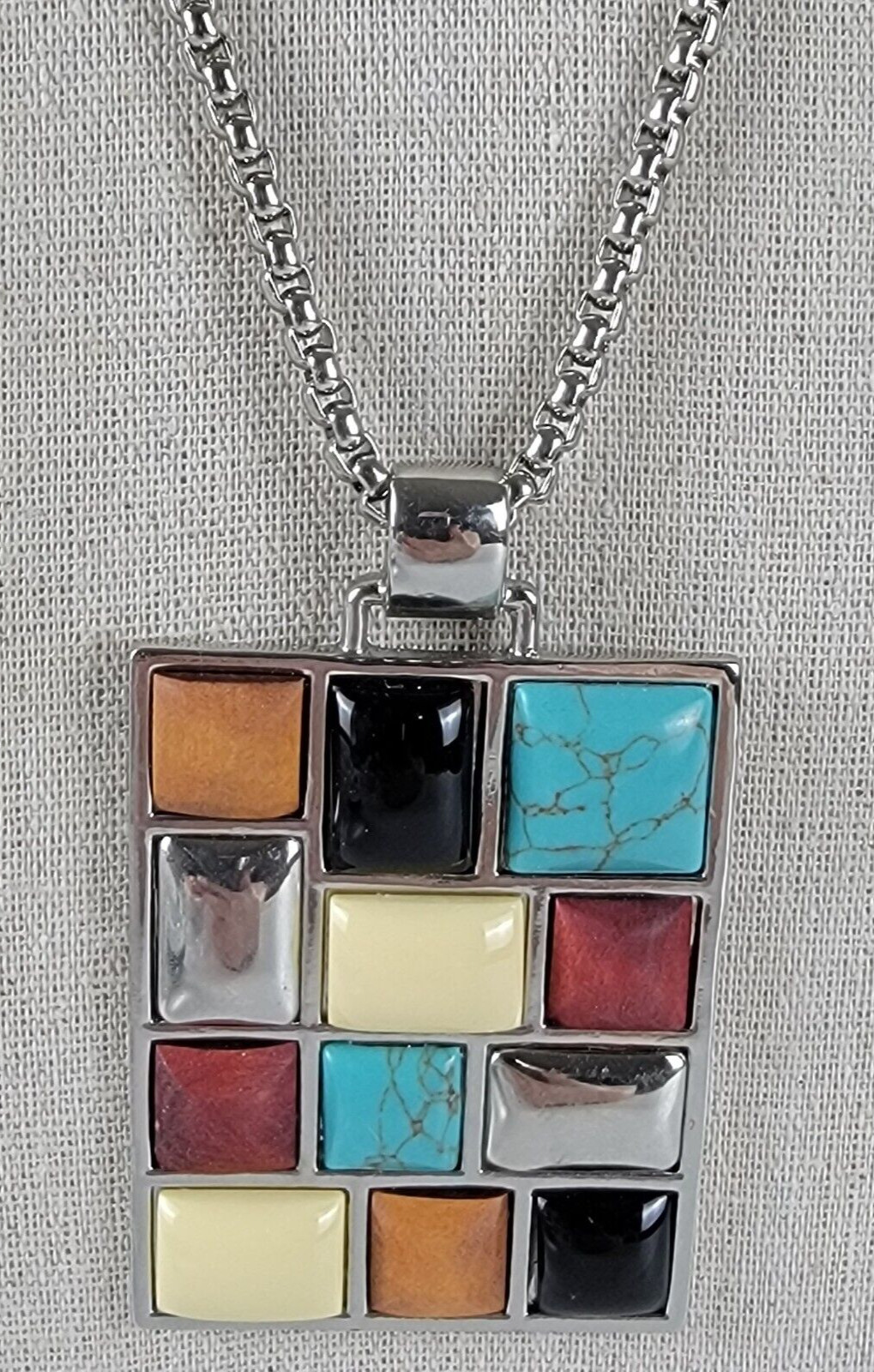 Multicolor Stone Cabochon Rectangle Statement Pen… - image 2