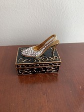 Rhinestone High Heeled Shoe Bejeweled Trinket Box Enamel Magnet Black  Gold