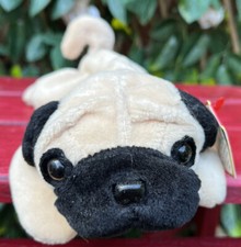 Ty PUG DOG BEANIE BABY PUGSLY PLUSH TOY 9"L INDONESIA 1996 RETIRED WITH TAGS VGC