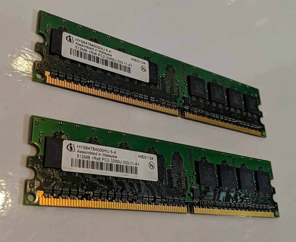 1GB RAM 2-512MB 1Rx8 RAM Infineon Chip PC2-3200U-333-11-A1 HYS64T64000HU-5- A - Image 3 of 4