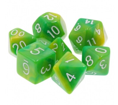 Gemini Two-Tone Swirled Green RPG Dice Set - 7-Piece Polyhedral Set (d4, D6, D8, D10, D12, D20, D%) In Brick Box