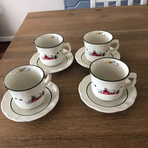 Pfaltzgraff Snow Village Coffee Mugs And Saucer Set/4 - FREE SHIPPING