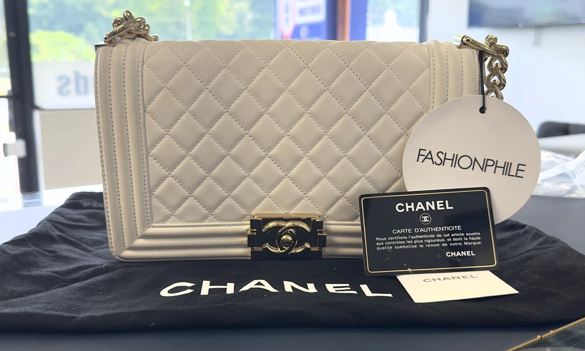 Chanel Boy Flap Bag Quilted Lambskin Old Medium White With Dust Bag