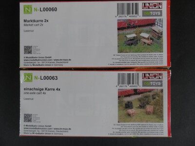 2 Marktkarren und 4 einachsige Karren Bausätze von Union Modellbahn Spurweite N
