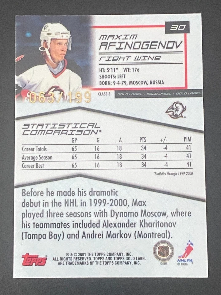 Maxim Afinogenov 2000-01 Topps Gold Label Class 3 #30 Buffalo Sabres /199 - Image 2 of 2