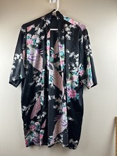 Silk Robe Women Asian Inspired Flowers Birds Black Pink Green Large